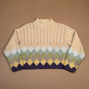 Vintage 90s Hand Knit Sweater Argyle Mock Neck Cottagecore Boxy Cropped Fit M